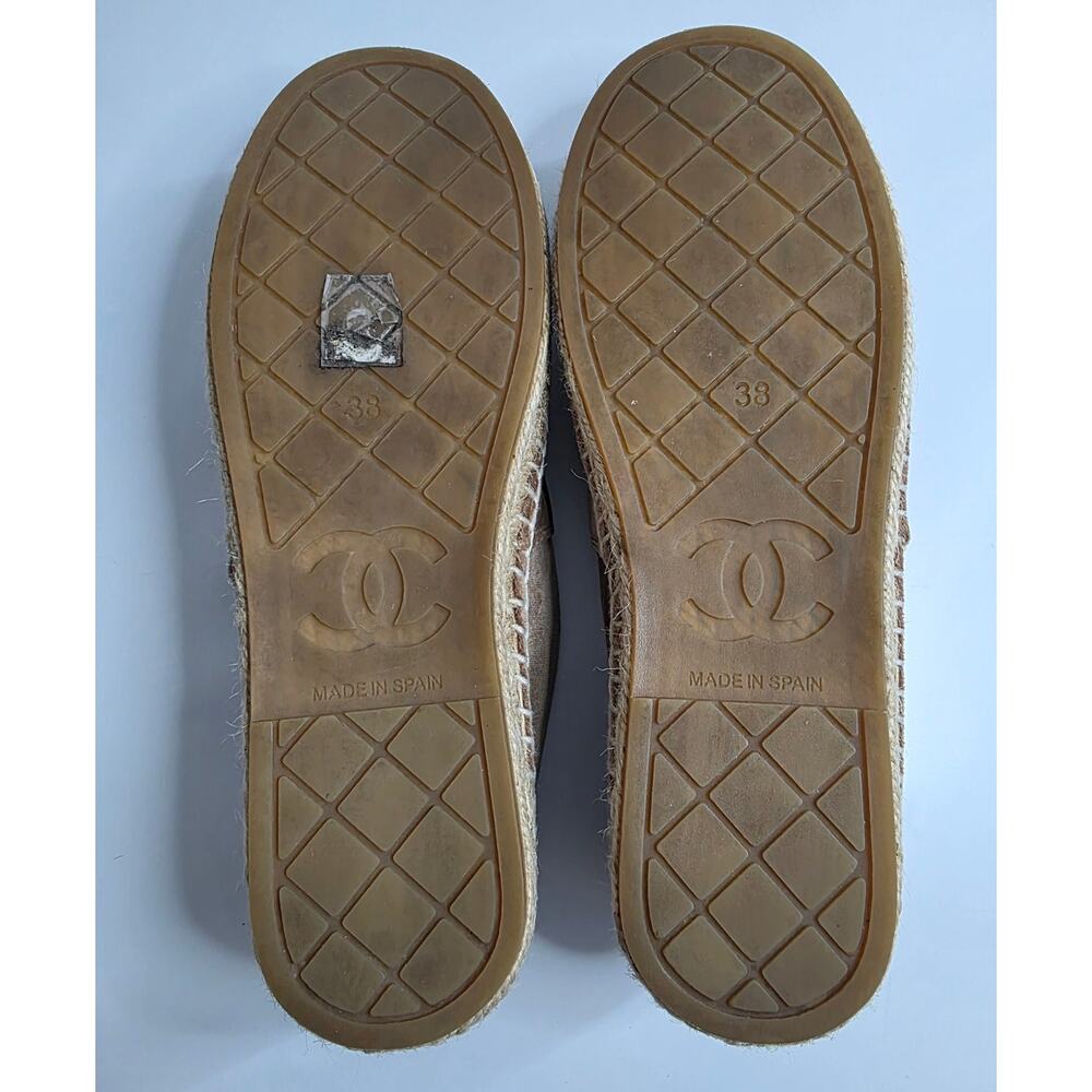 Authentic CHANEL Velvet Logo Espadrilles Beige Taupe Black Cap Toe Flats EU 38 - Picture 6 of 11